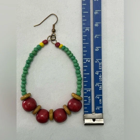Handmade Wooden Beaded Hoops in Red, Gold, & Green - Picture 5 of 5